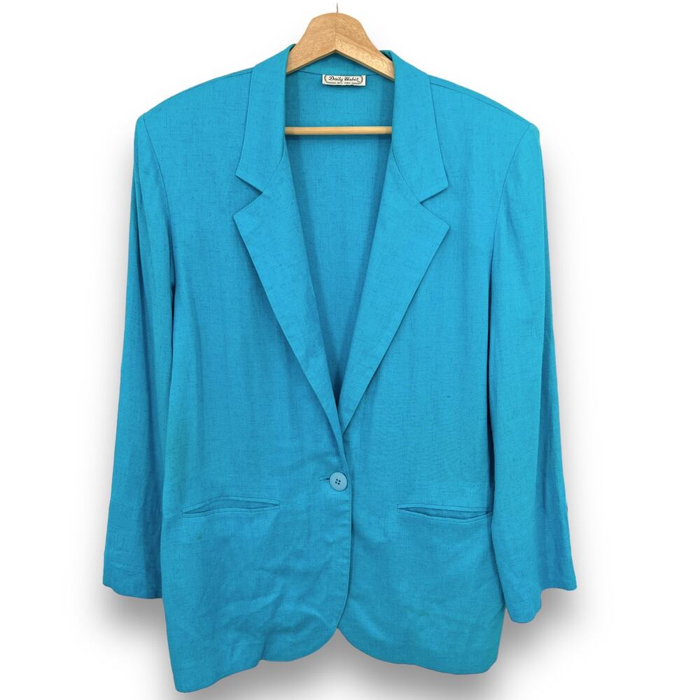 Vintage 80s Daily Habit Blue Linen Blend Blazer Oversized Padded Shoulder Large